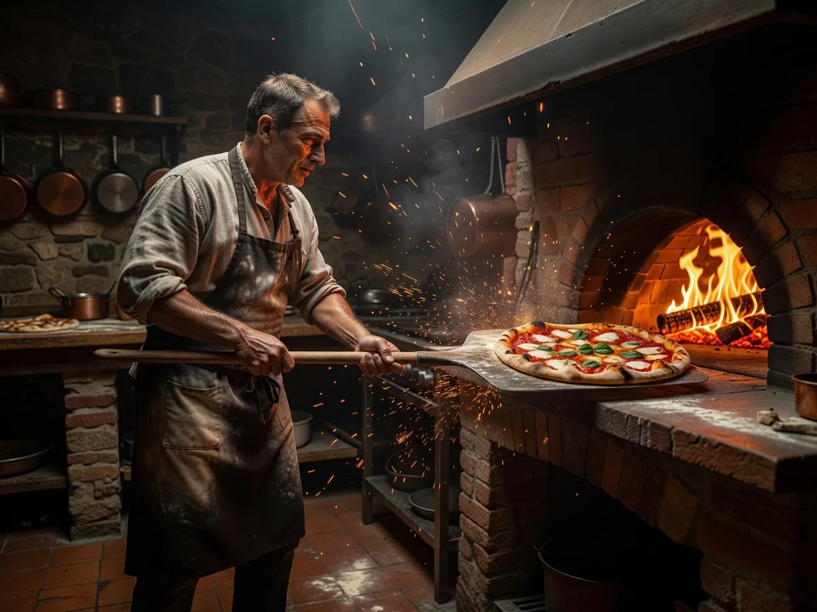 Chef at the wood-fired oven