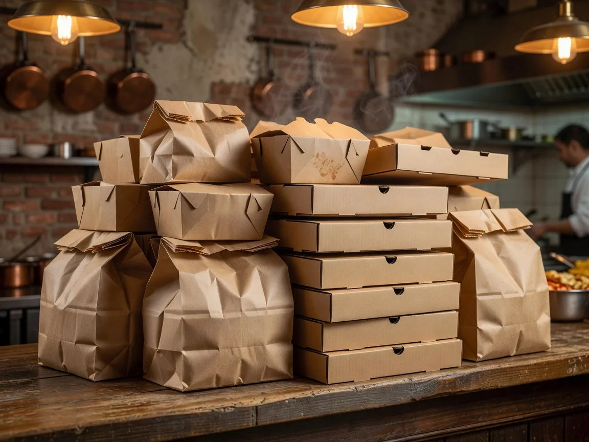 Italian takeout bags and pizza boxes prepared for pickup